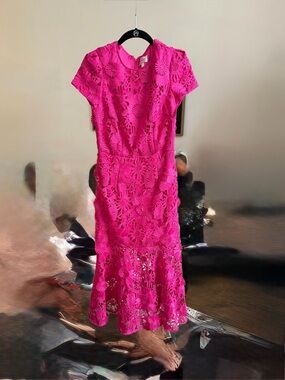Milly Bright Fuchsia Floral Lace Midi Dress